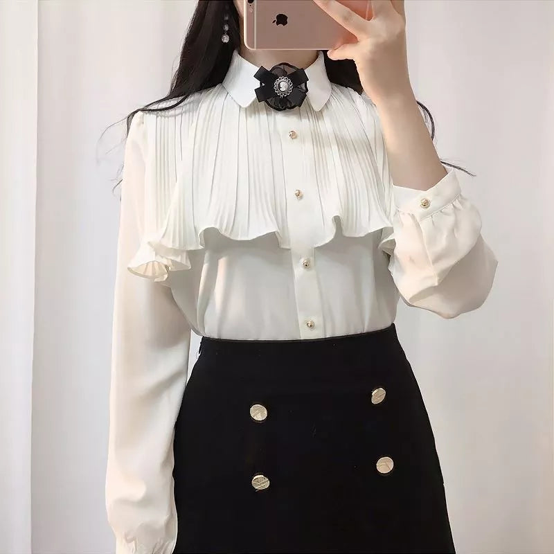 2020 new ruffles chiffon blouse fashion long sleeve women clothing chiffon shirt elegant female chiffon tops